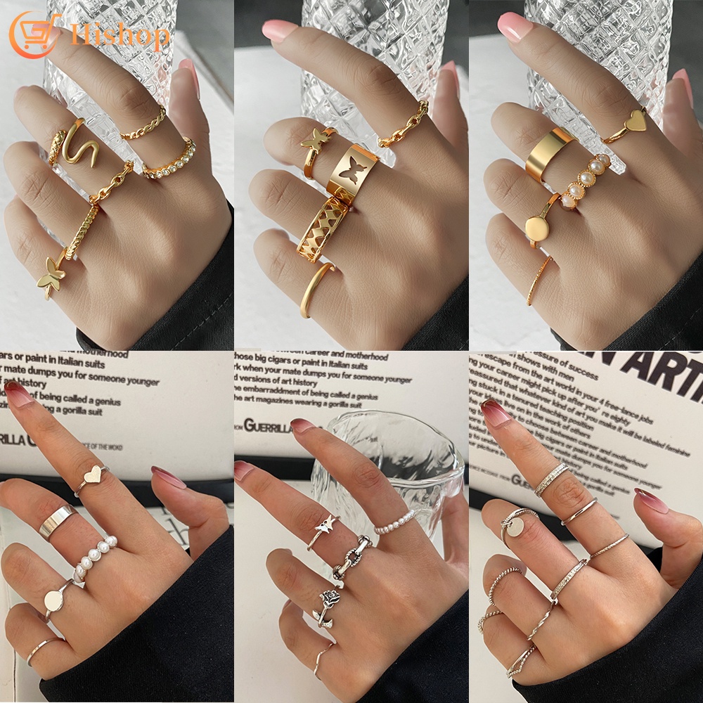 Set Cincin Desain Kupu-Kupu Emas Aksen Mutiara Kristal Bahan Logam Gaya Elegan Untuk Wanita