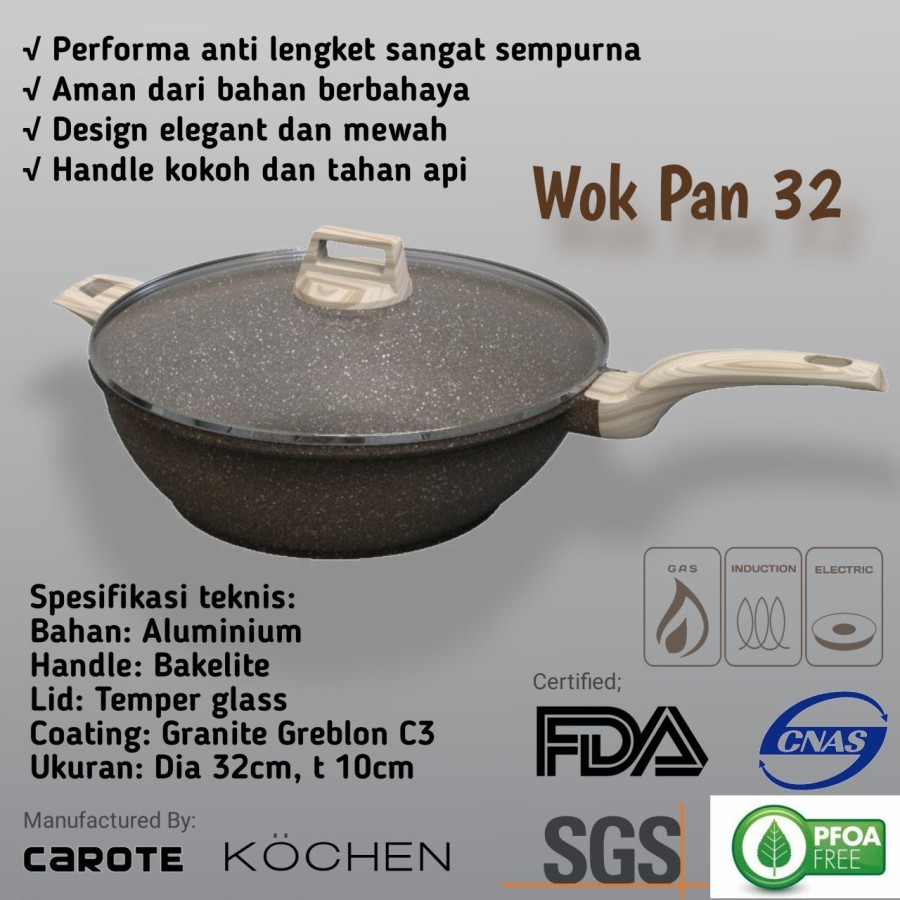 Kochen Granit Greblon Germany C3 Wok Pan 32cm Free Spatula