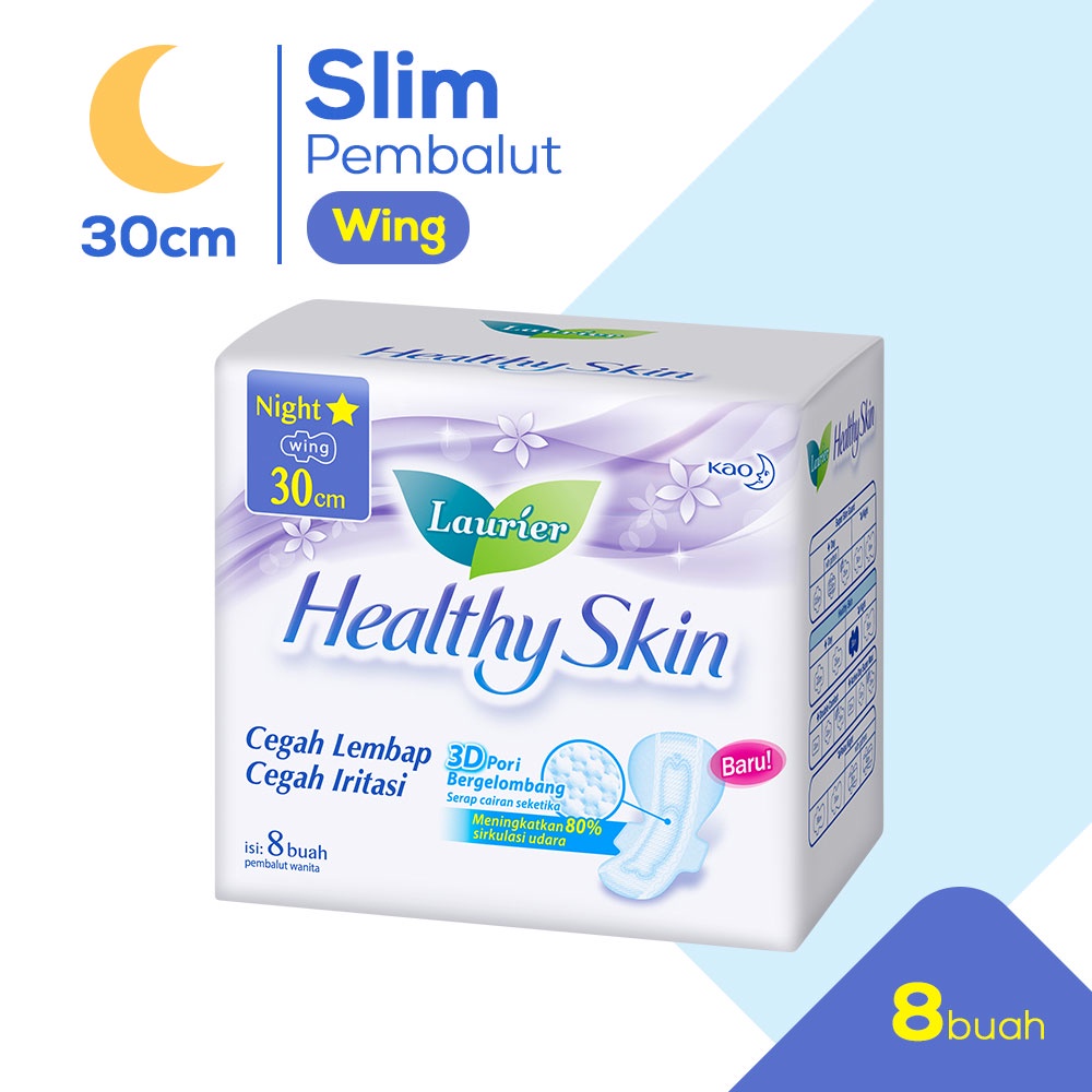 Laurier Healthy Skin Night 30 cm 8S - Pembalut Sayap - Pembalut Wanita - Pembalut Malam - Pembalut L