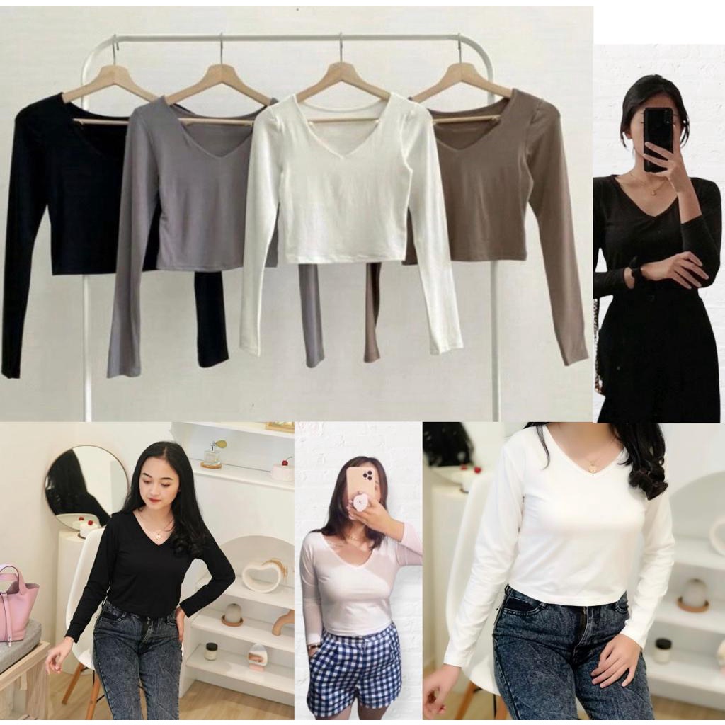 BEFAST - ZEC OOTD Kaos NIA /⭐️ PREMIUM LYCRA ⭐️ Femi Vneck Slim Fit Body Crop Top / Kaos Lengan Panjang Wanita / Tshirt Leher V / Kaos Kekiniaan Wanita Remaja / Terbaru 2022 / Terlaris / Kaos Polos