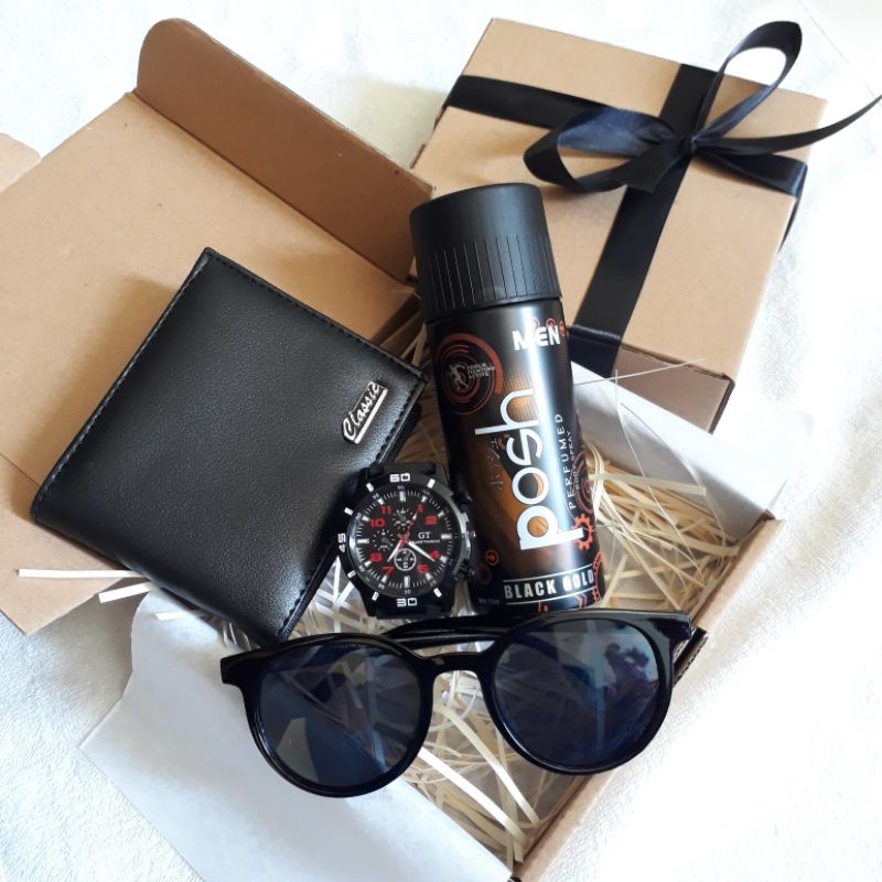 HAMPERS JAM TANGAN PRIA SPECIAL ULANG TAHUN PAKET GIFT BOX DOMPET LIPAT KULIT COWOK WISUDA KADO ANNIVERSARY PARFUM POSH KARTU UCAPAN AESTETIC KACAMATA HITAM BLACK SERIES