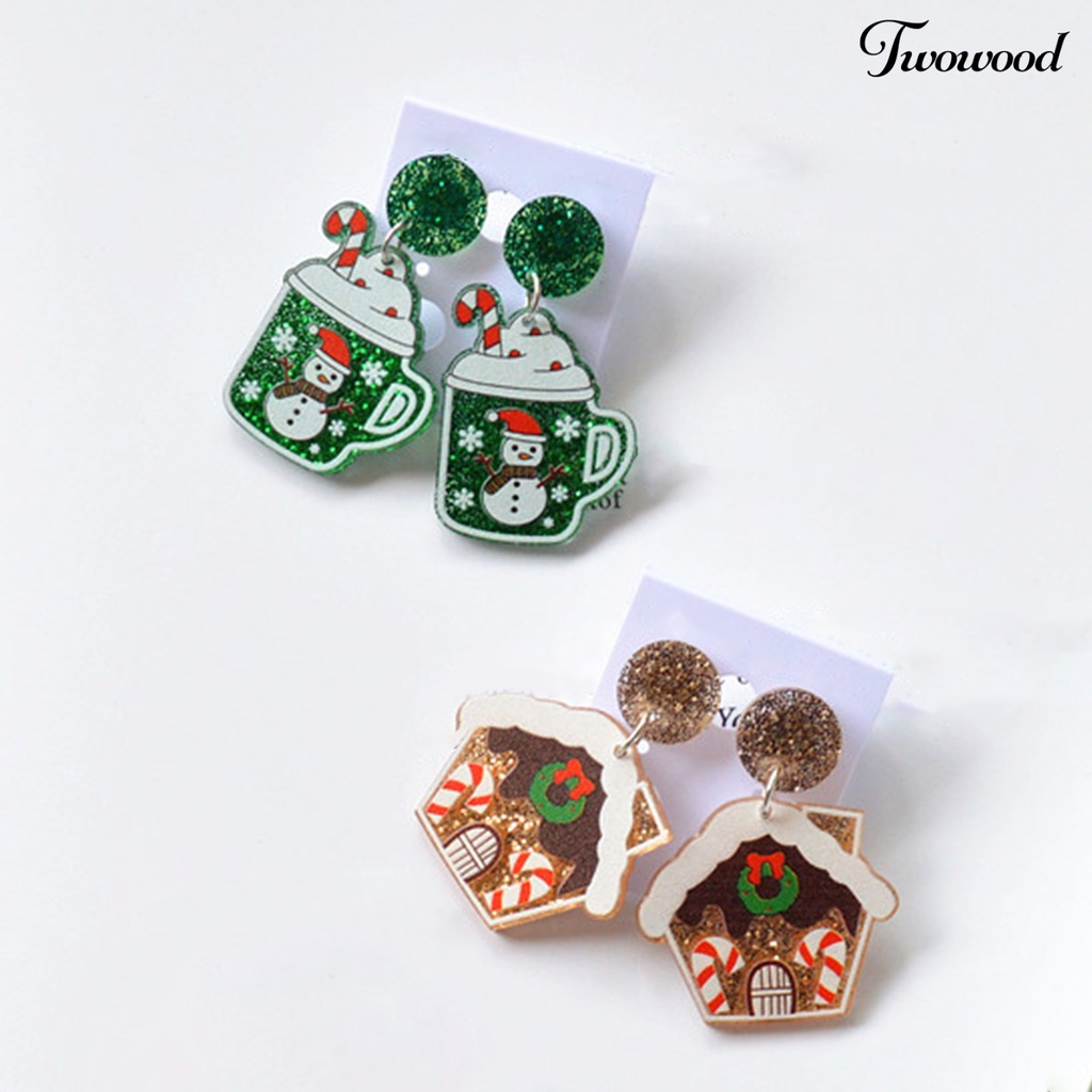 1 Pasang Anting Stud Desain Rumah Natal Aksen Glitter Untuk Wanita