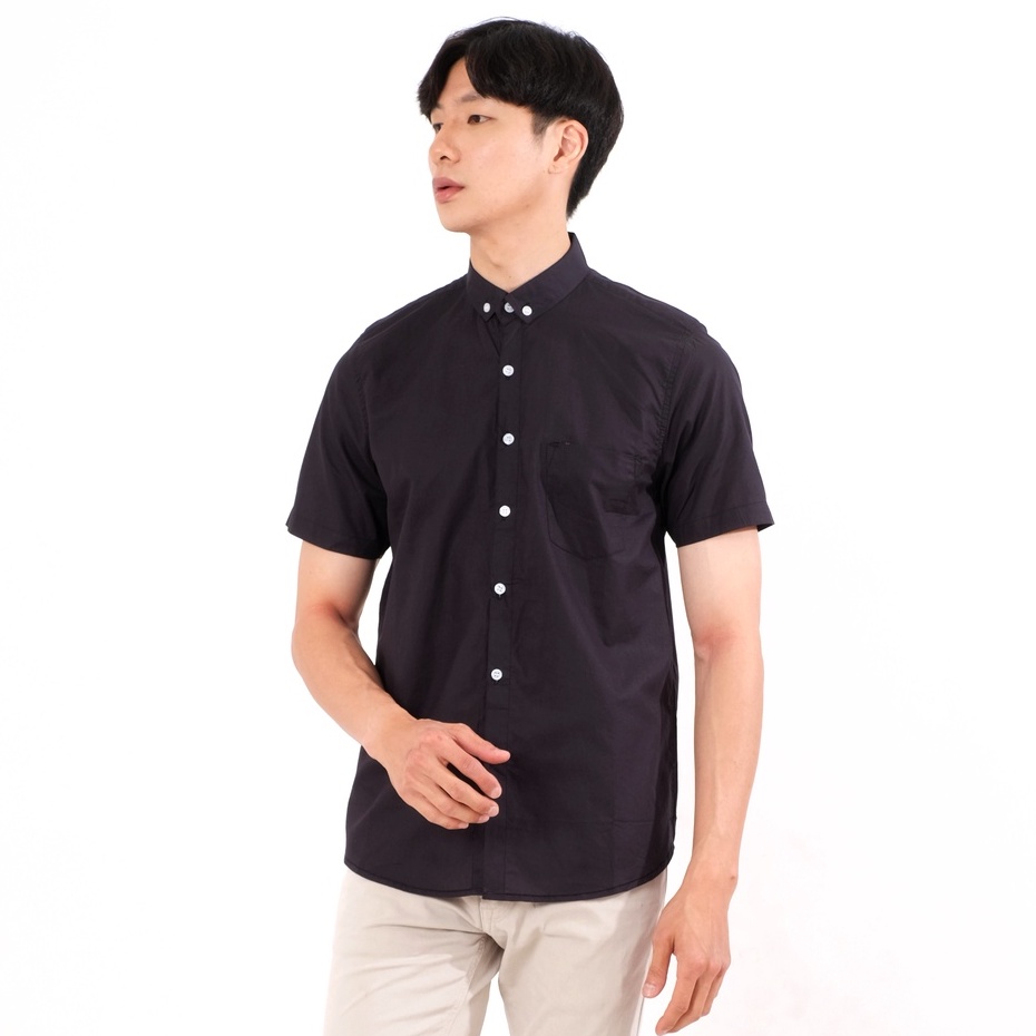 SANVANINA Kemeja Pria Hitam Polos | Kemeja Basic Polos Slimfit | Kemeja Pendek Hitam | Kemeja Formal Hitam  E-1464B