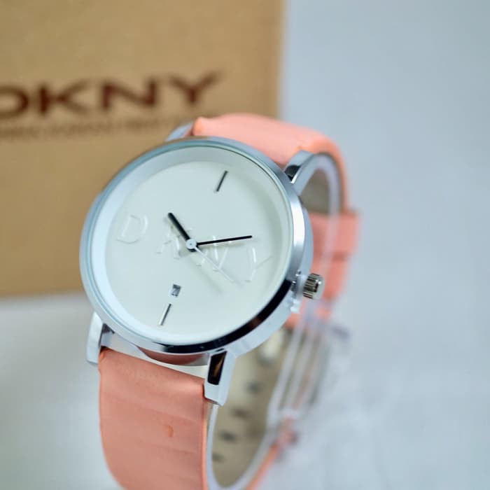 JUAL JAM BRENDED PRIA MURAH JAM TANGAN PRIA DKNY TANGGAL KULIT PEACH SILVER I GRATIS BOX KEREN DAN