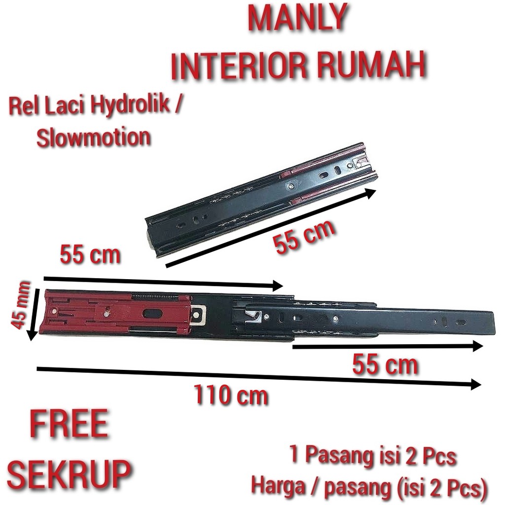 Rel Laci Hitam 55 cm Hydrolik Slowmotion Full Extention 45 mm  Isi 1 set (2 pcs)