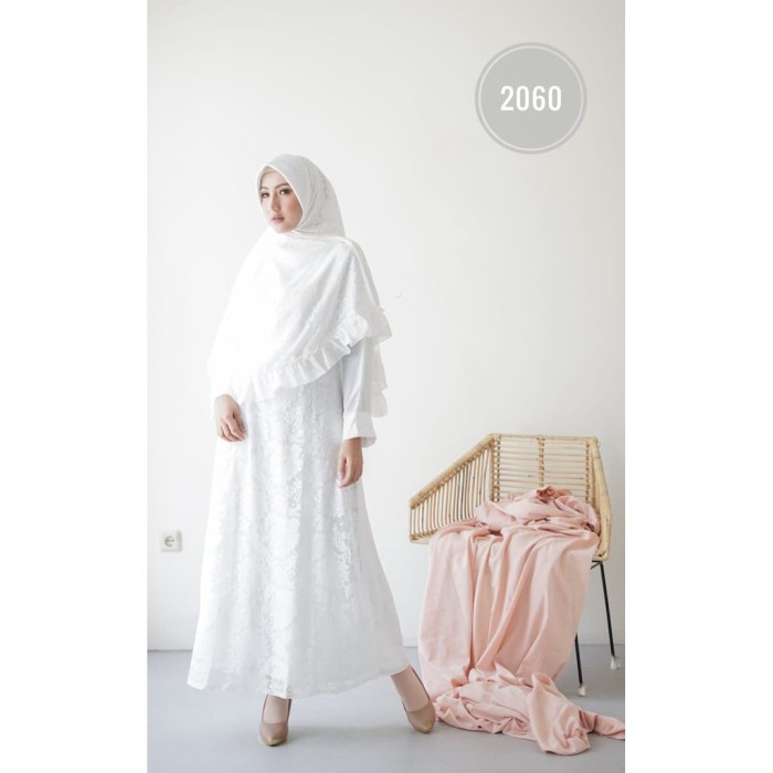 DS344 Agnes Baju Gamis Wanita Brukat Syari Putih Gamis Lebaran Busana