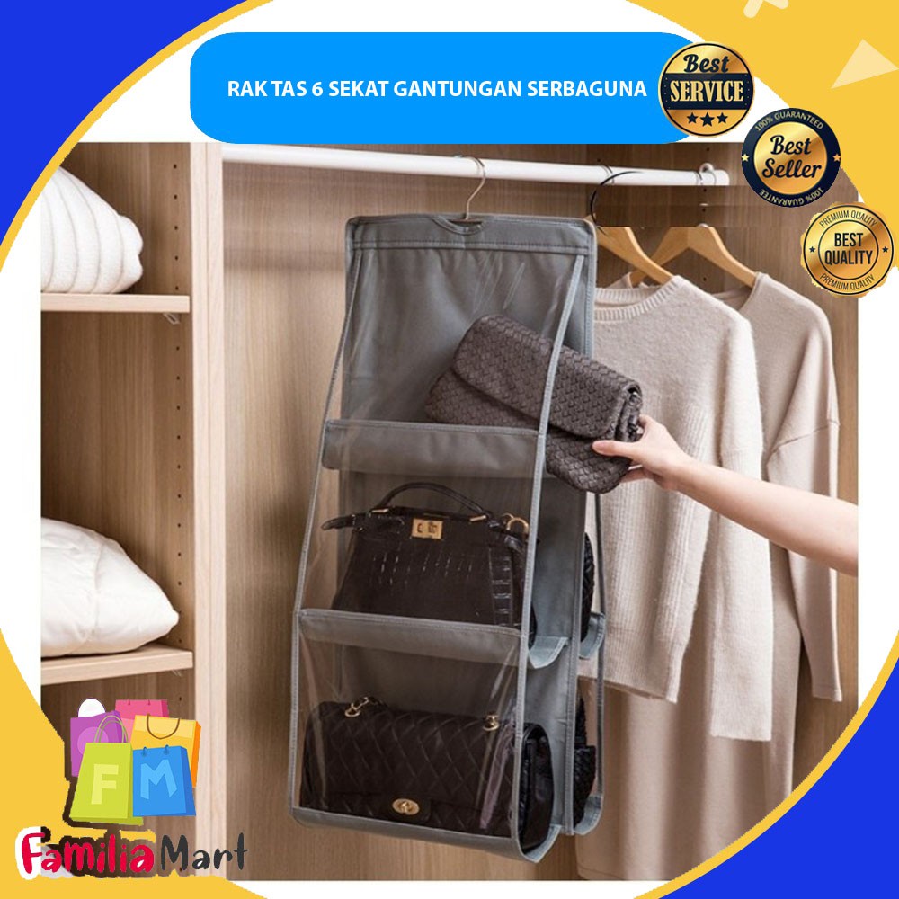 Rak Tas 6 Sekat Gantungan Tempat Penyimpanan Serbaguna Hanging Bag Organizer 6 Pocket Susun Anti Debu Storage Mika Transparant