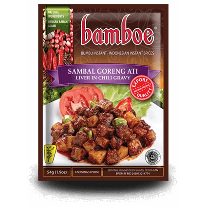 

Bumbu Instan Bamboe Sambal Goreng Ati (54 gr), Tanpa Extract, Essence & Pewarna Buatan