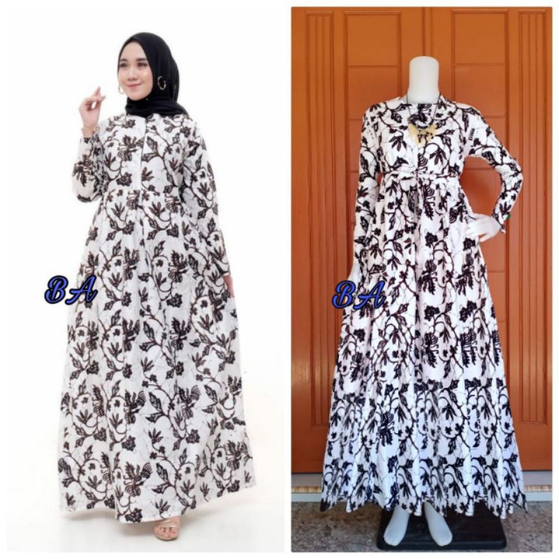 Batik SN - Gamis Batik Motif Bunga Kembang Warna Dominan Putih Asli Pekalongan Bahan Katun Prima