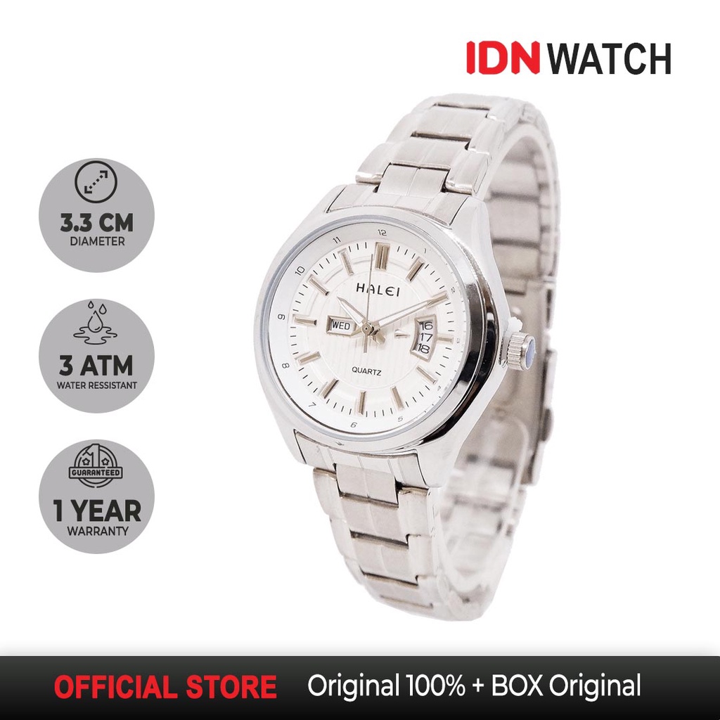 Jam Tangan Wanita Halei Silver Tanggal Hari Aktif Stainless Anti Karat Formal Haleiwatch Original 80