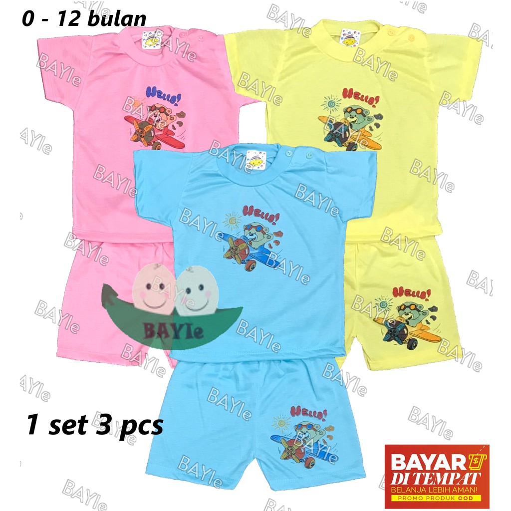 BAYIe - 3 SET Setelan Kaos Oblong Bayi / Anak Lengan PENDEK Motif HELLO MF umur 0 - 12 bulan