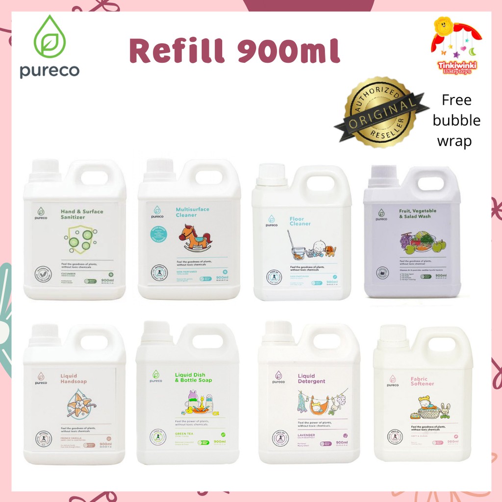 Pureco all variant 900ml detergent handsoap fruit vegetable wash fabric softener floor cleaner