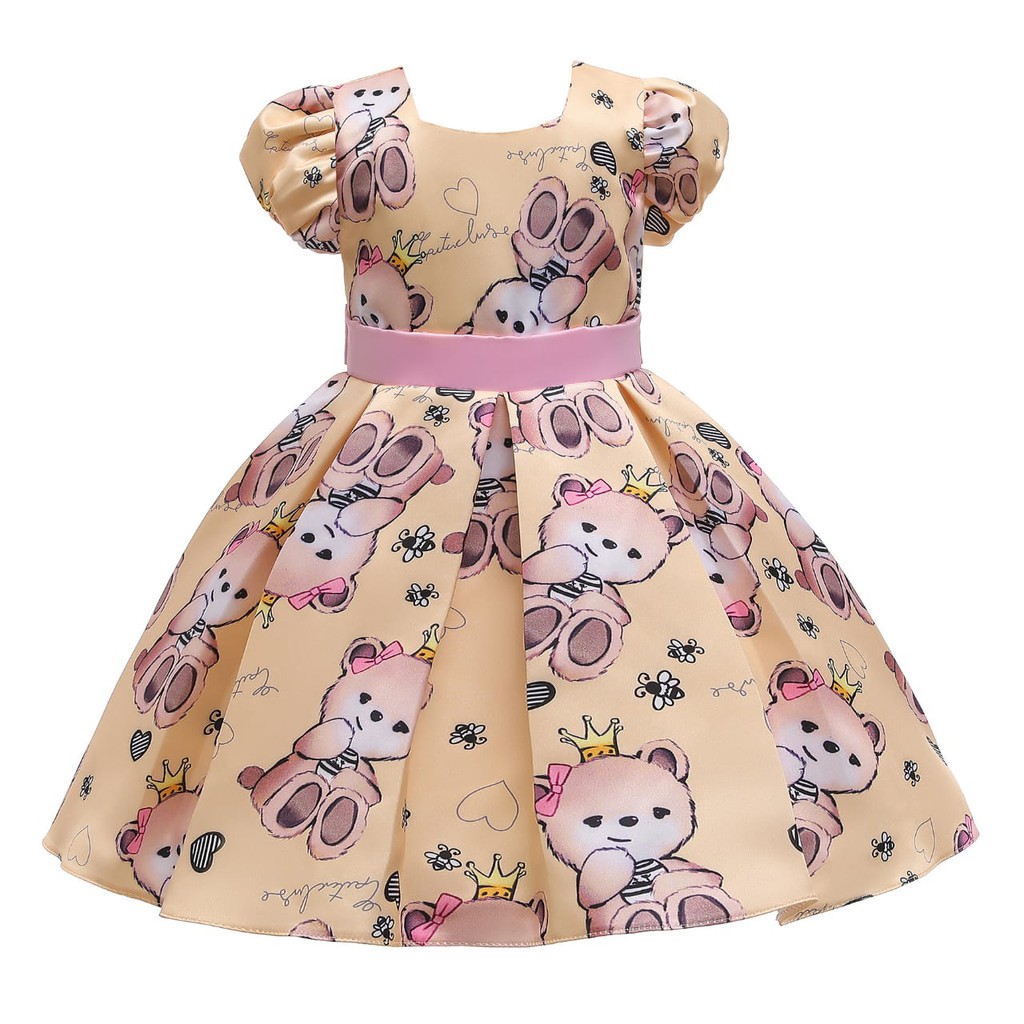 PRINCESS BEAR DRESS / DRES GAUN PESTA ANAK PEREMPUAN MOTIF BONEKA BERUANG PUTIH NUDE KOREA IMPOR