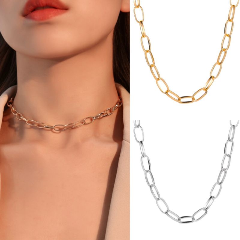 Kalung Choker Rantai Oval Gaya Punk Korea Hip Hop Retro Korean Style Chain Necklace