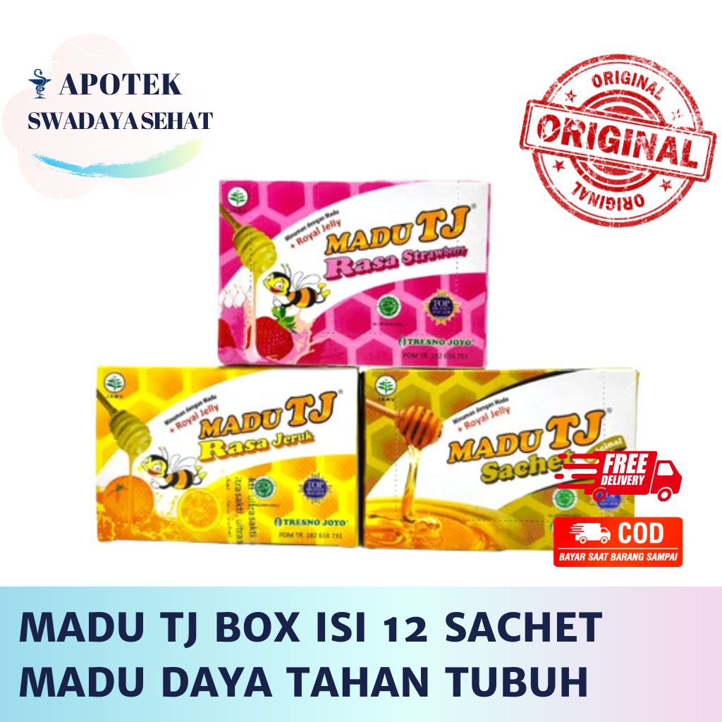 MADU TJ BOX Isi 12 Sachet Varian 3 Rasa Original Strawberry Jeruk Madurasa Daya Tahan Tubuh