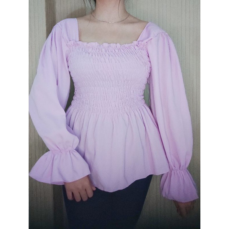 MyCikii Babydoll Flare Sleeves Lilac Top