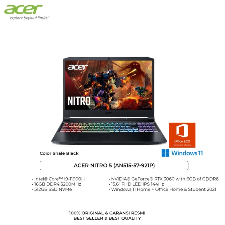 ACER Nitro 5 AN515 57 921P Core i9 11900H 16GB 512GB RTX3060 W11
