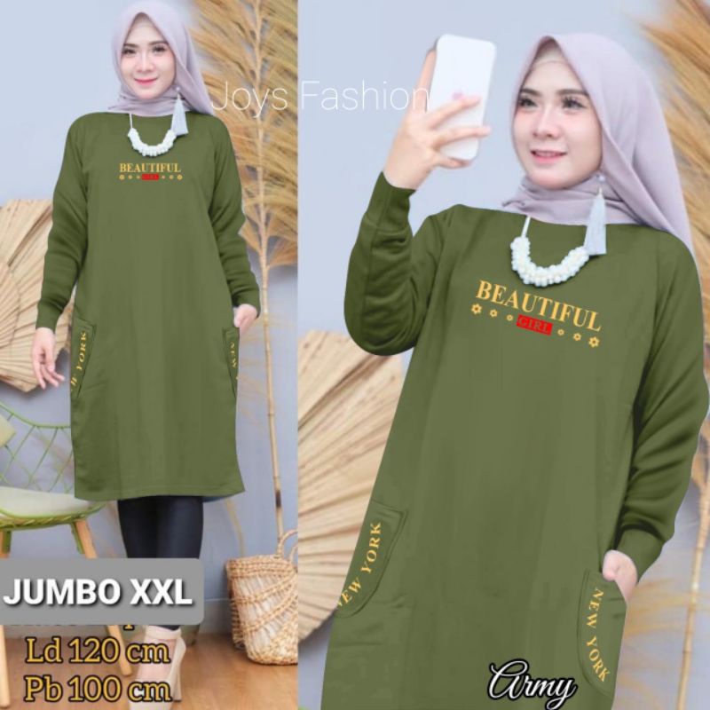 JF Tunik Kaos Wanita Lengan Panjang Jumbo Babyterry Xxl Dewasa Terbaru BEAUTIFUL LD 120 PJ 100