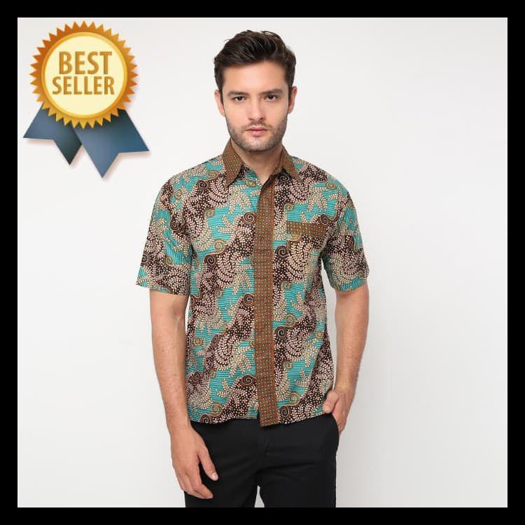 Terdepan Kemeja Batik Trusmi Pria Lengan Pendek 100% Katun / Baju Batik - Hijau Tosca, Xl Promo