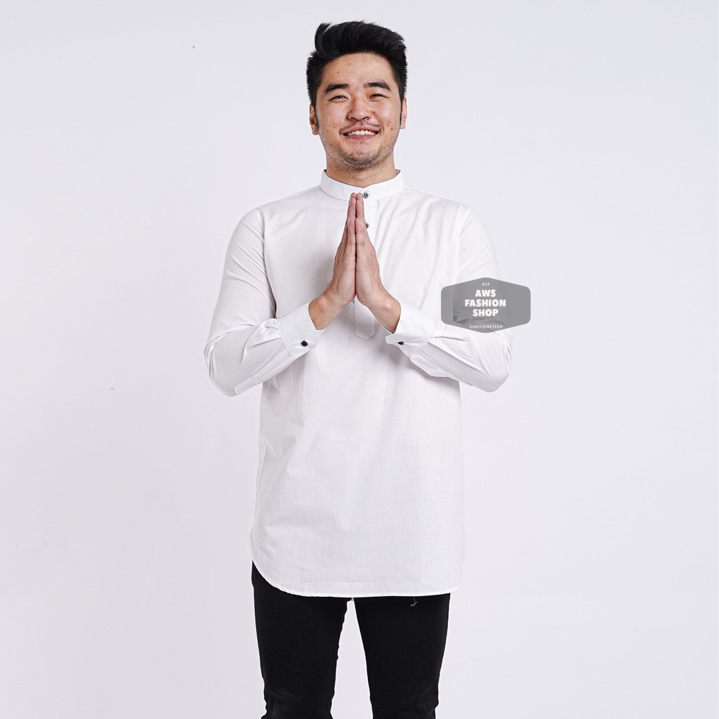 Kemeja Kurta Lengan Panjang Pria Cowok Putih White Polos Kerah Shanghai Ada Big Size