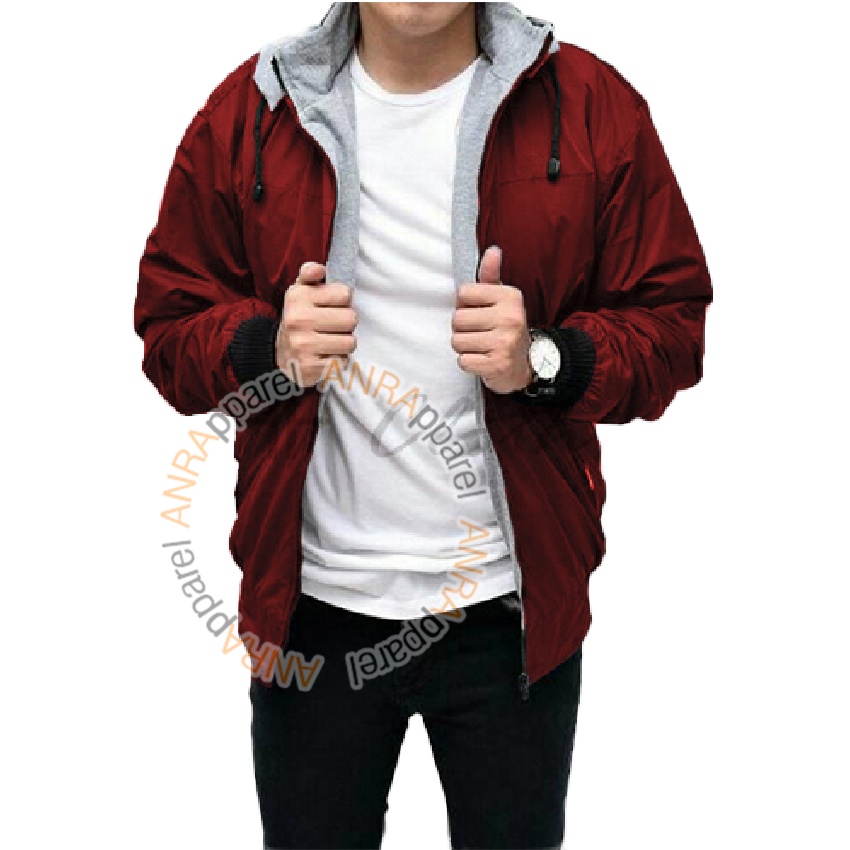 JAKET BOLAK BALIK 2in1 Bomber Parasut Fleece Hoodie Pria