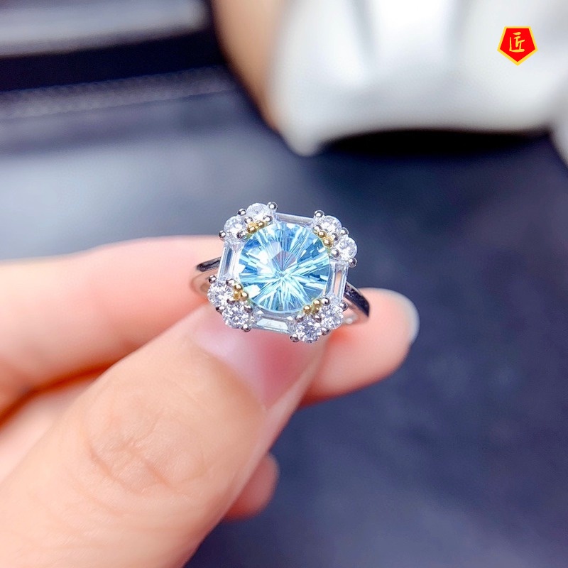 [Ready Stock]2 Karat Natural Blue Topaz Set Rings Eardrops Stud Earrings