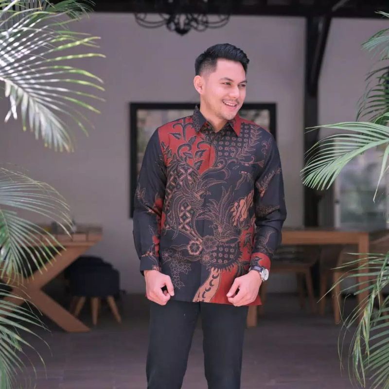 PRABU MERAH Kemeja Batik Pria Dewasa Modern Lengan Panjang Full Furing Katun Halus Primissima - Baju Hem Batik Pria Cowok Solo Merah Maroon
