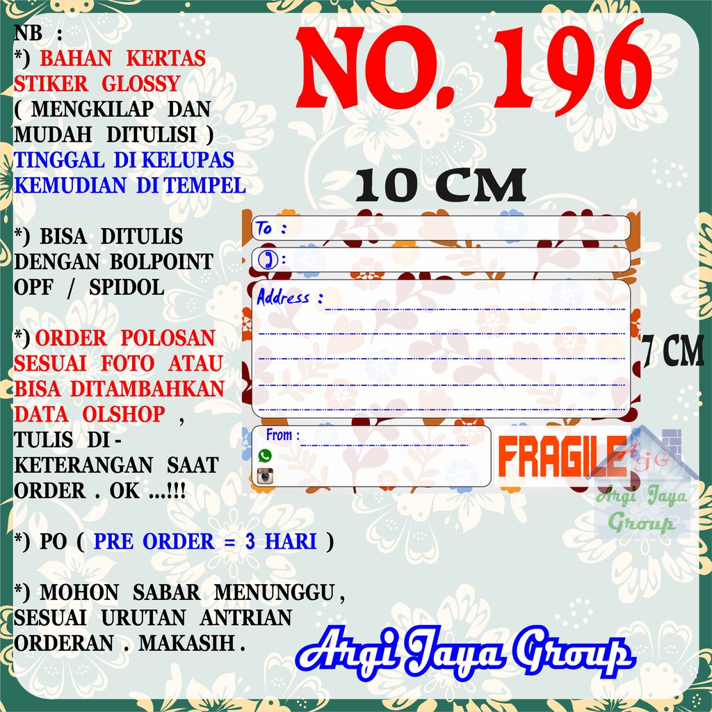 

Stiker Pengiriman - Sticker Alamat Olshop Murah Nomer 196 - 10x7 cm - Glossy