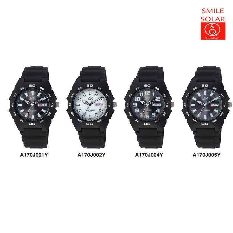 Jam Tangan Pria Sporty Casual Karet Rubber Tanggal Hari Analog Original Q&amp;Q QnQ QQ A170 A170J Series