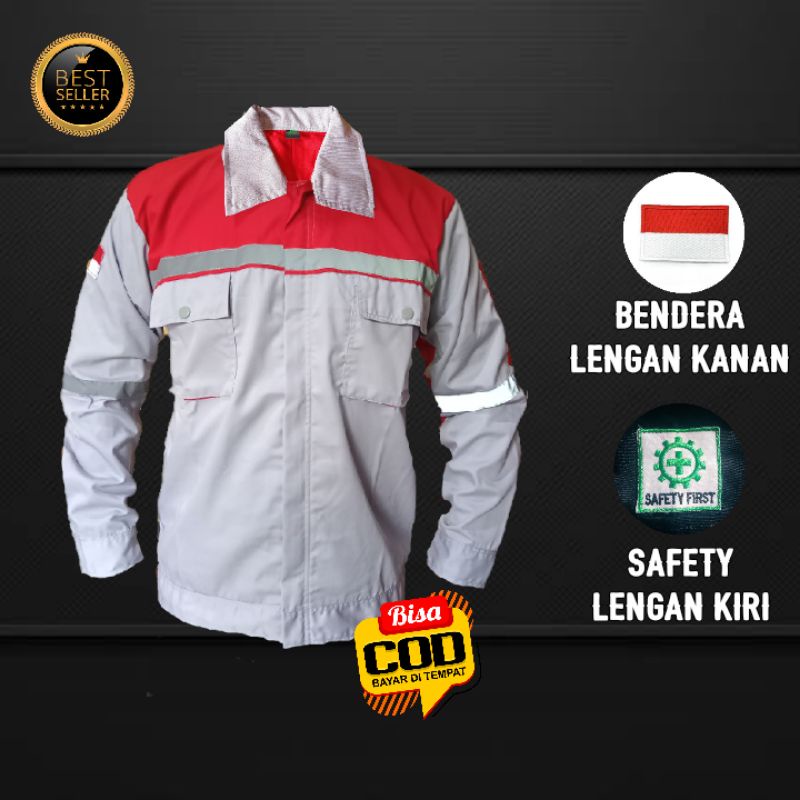 Baju Safety Wearpack Safety Kemeja Safety Baju Safety Atasan Lengan Panjang Abu Muda Kombinasi Merah