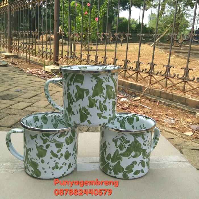 CANGKIR MUG GELAS ENAMEL SENG BURIK BLIRIK BLURIK LOREK LURIK LORENG BATIK HIJAU JADUL KUNO 8CM
