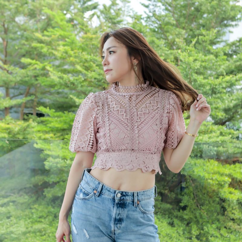 evesecret - #202p premium lace crop top pink korea
