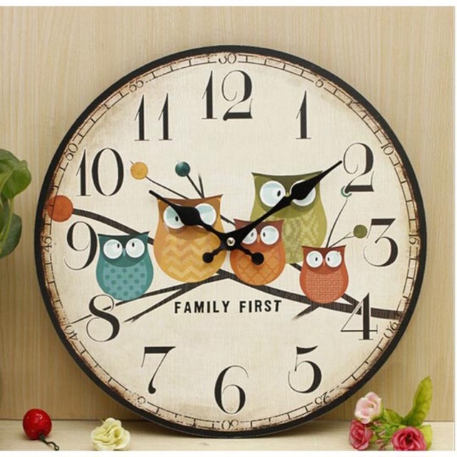 Jam Dinding Bulat Quartz Creative Design 30cm Model Eropa Owl Wooden - Multi-Color