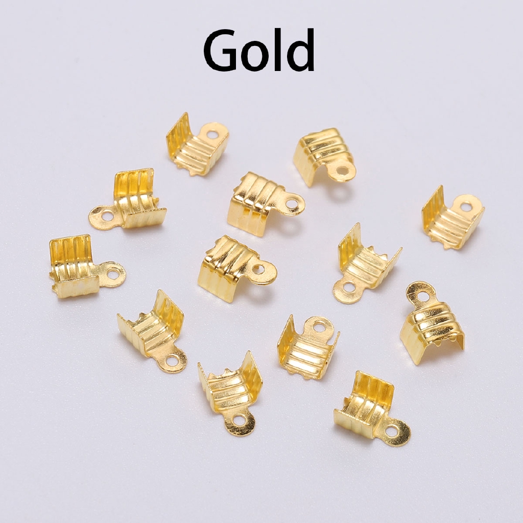 200pcs Gold Silve Small Cord End Tip Fold Over Three-wire Clasp Crimp Bead Cord Buckle Connector For Jewelry Making Supplies DIY