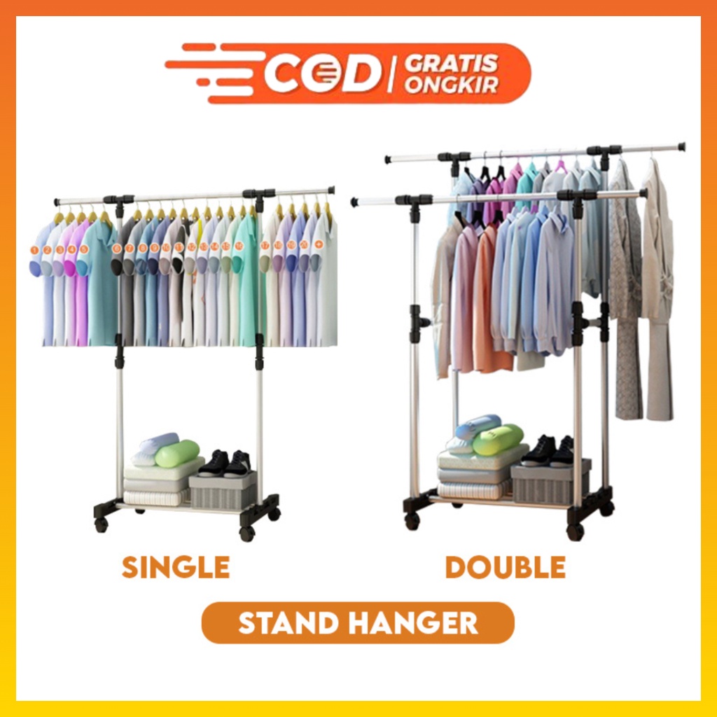 Rak Stand Hanger Double Stand Hanger Single Gantungan Baju Serbaguna Besi Karbonat WHFURNITURE