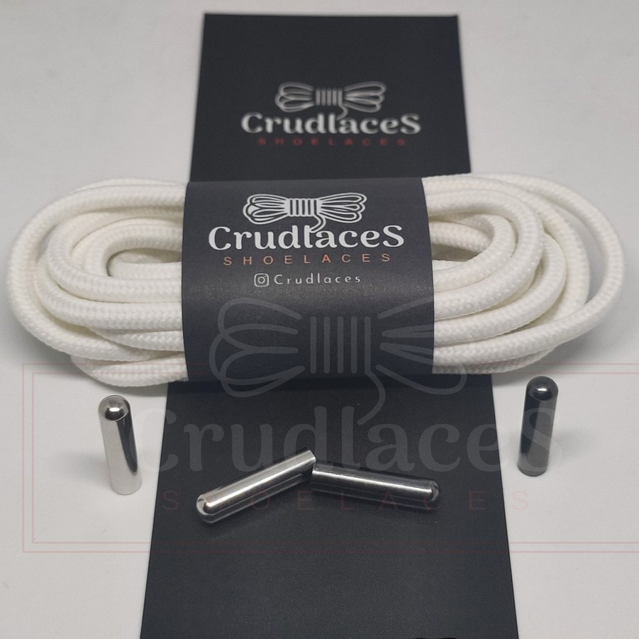Tali Sepatu Bulat Putih Polyester - Shoelace Round Dengan Ujung Tali - Aglets Metal Besi - Crudlaces