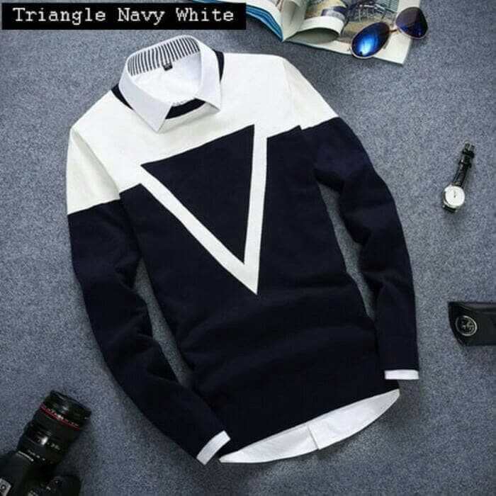 BAJU RAJUT PRIA KOREA TRIANGLE NAVY WHITE SWEATER MURAH