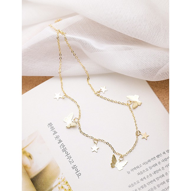 LRC Kalung Wanita Fashion Golden Butterfly Five-pointed Star Alloy Tassel Necklace K42013