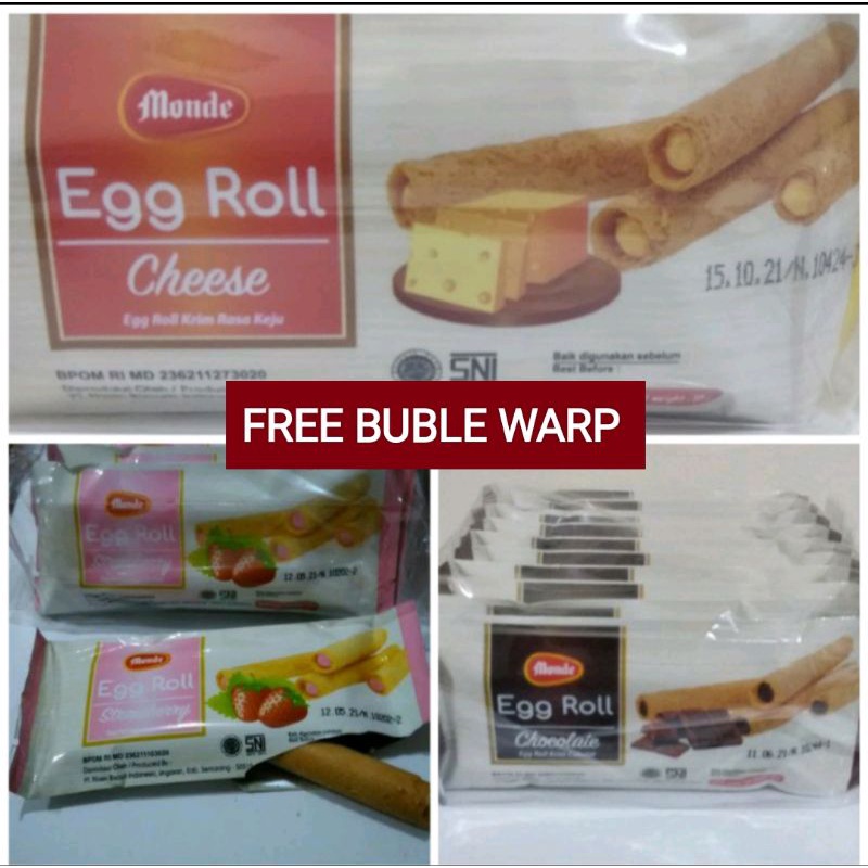 

BISKUIT MONDE EGG ROLL STRAWBERRY/COKLAT/KEJU ISI 10 + BUBLE WARP