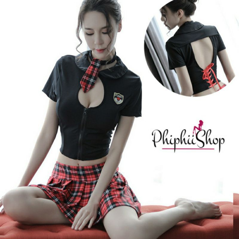 《Phiphii》Cosplay kostum seragam sekolah barat School Uniform Dasi Hitam merah