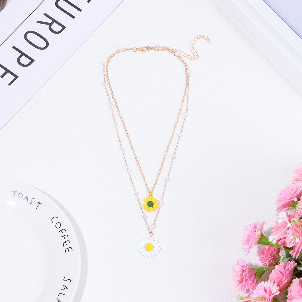 R-flower Daisy Flower Kalung Bohemian Kuning Kerah Putih Jewellery Double Layered