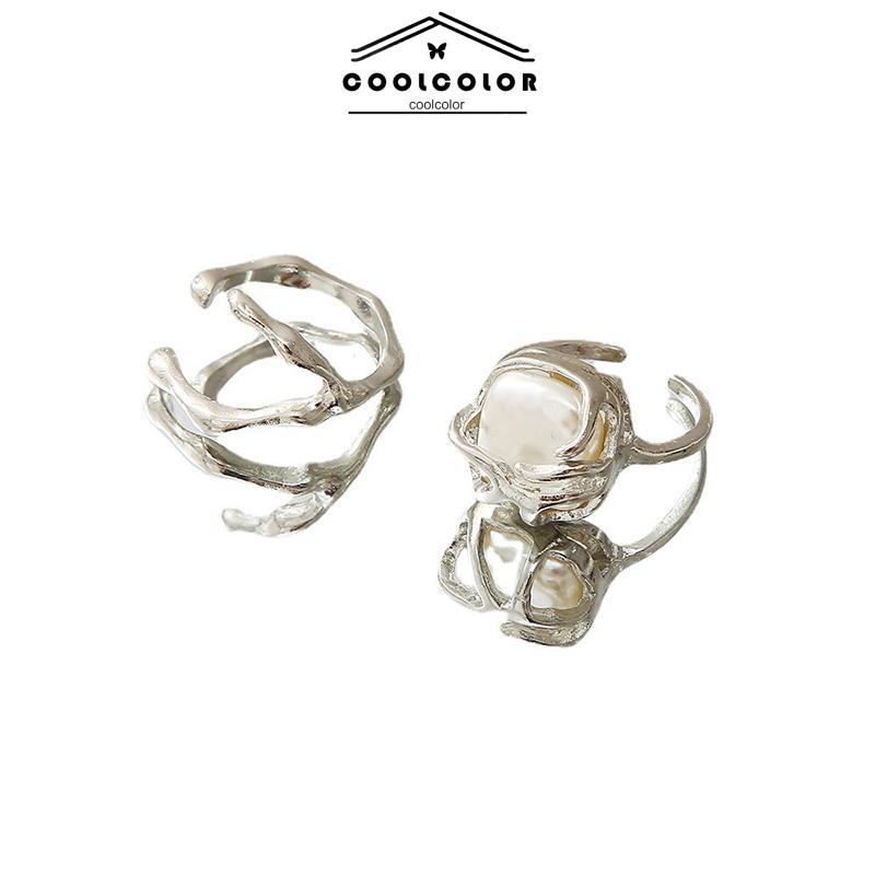 COD❤️2PCS/Set Cincin Kreatif Sederhana Temperamen Pembukaan Mutiara Tidak Teratur Cincin Dapat Disesuaikan korea fashion wanita