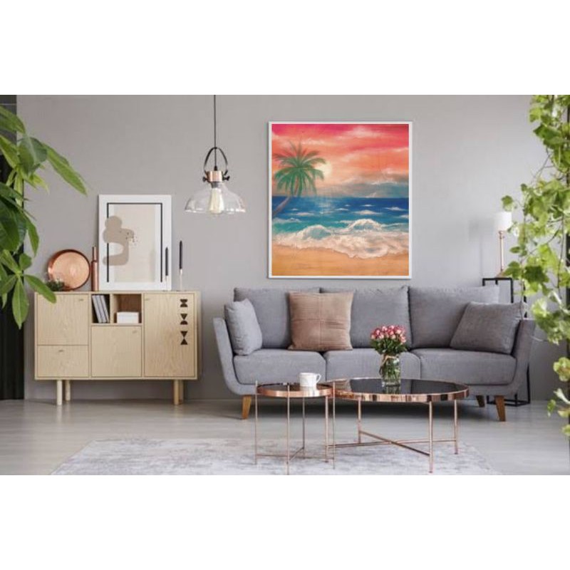 lukisan pantai sunset senja media kanvas