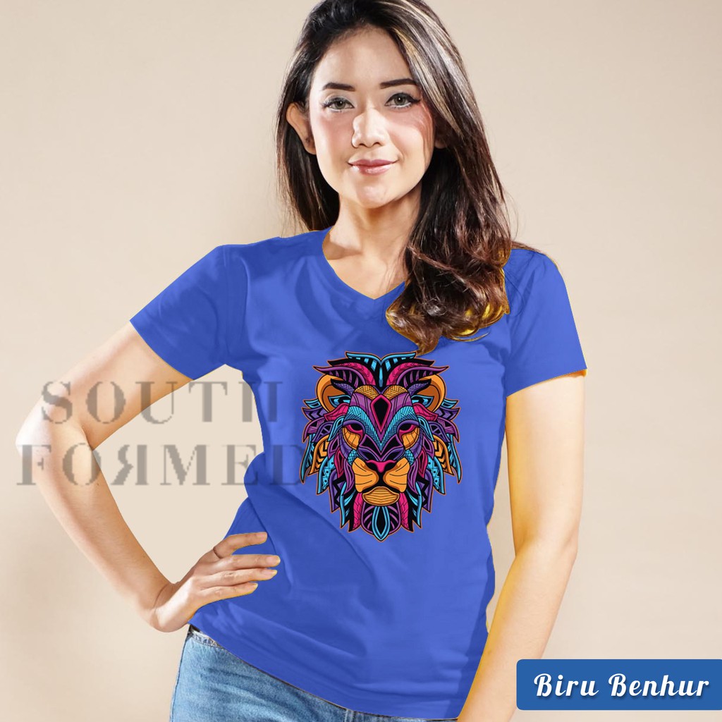 SOUTH FORMED COLORFUL LION KAOS V NECK / O NECK KATUN PREMIUM ADEM WANITA / CEWEK MOTIF / GAMBAR