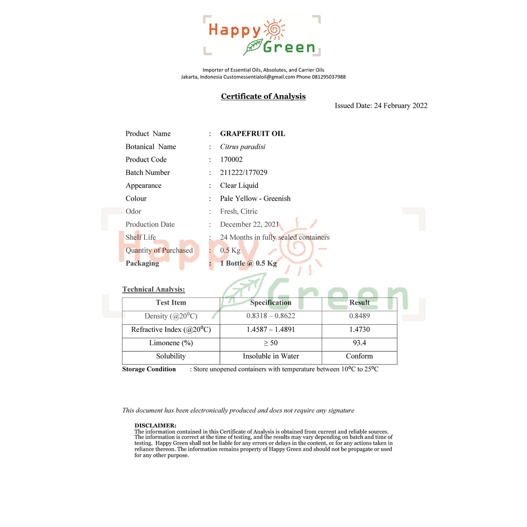 BPOM Approved Happy Green Grapefruit Essential Oil - Minyak Atsiri Jeruk Limau Gedang