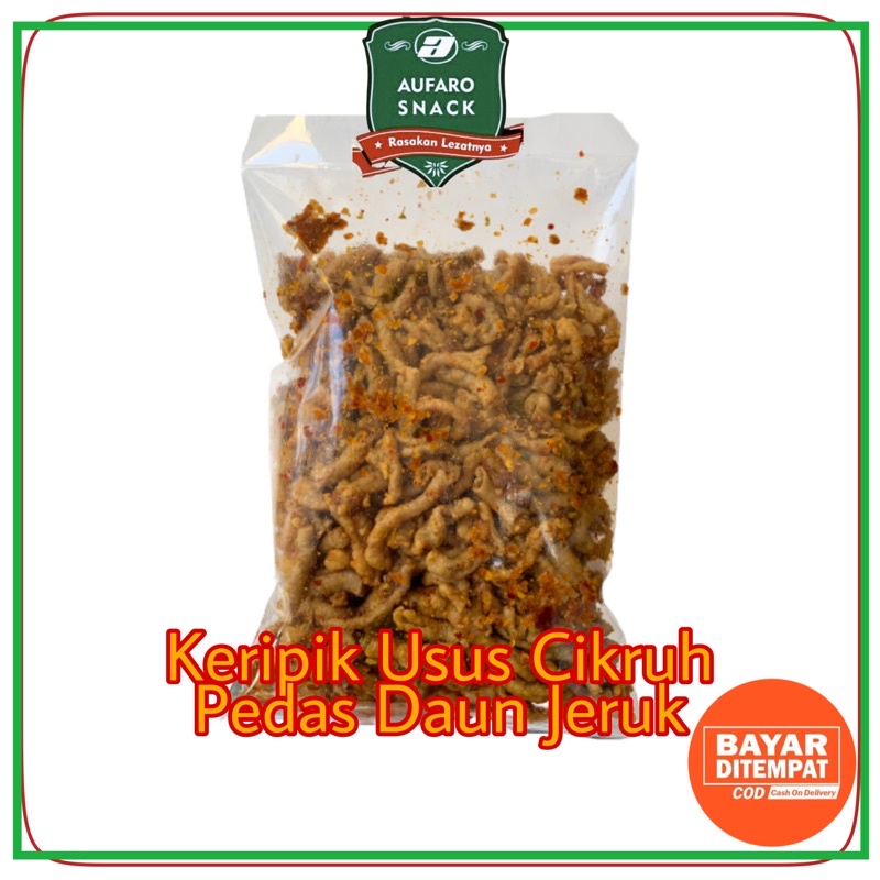 KRIPIK USUS PEDAS DAUN JERUK 500 GRAM KERIPIK USUS CRISPY CIKRUH AUFARO SNACK