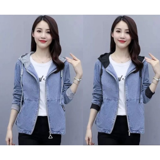 JAKET JEANS WANITA LENGAN PANJANG SLETING/JAKET HOODIE WANITA COMBINASI