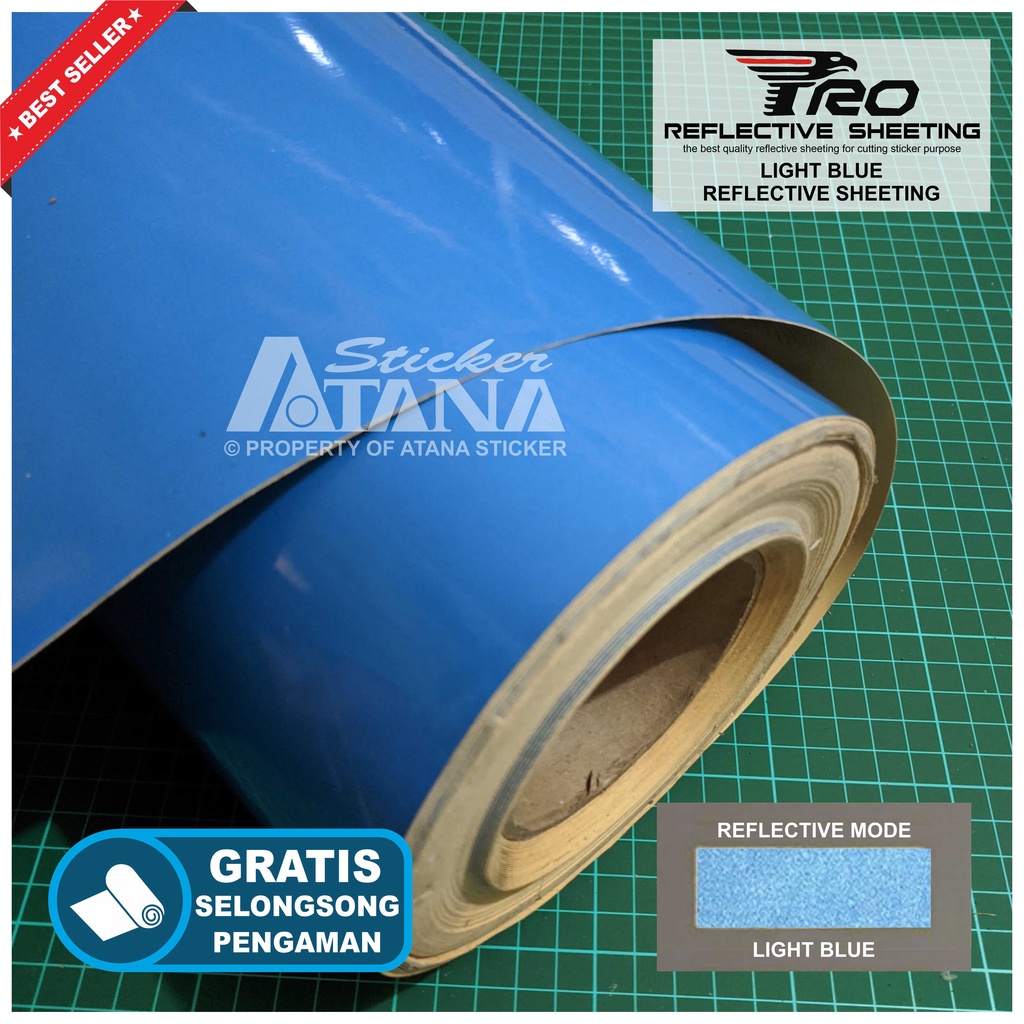 Bahan Stiker Cutting Biru Skotlet Reflektif Fosfor Blue Pro Reflective Sheeting Prolite Nyala Printing Sticker Material Scotchlite Scolite Scotlet Sechotlite Memantulkan Cahaya Flash Malam Hari Mata Kucing Mesin Plotter