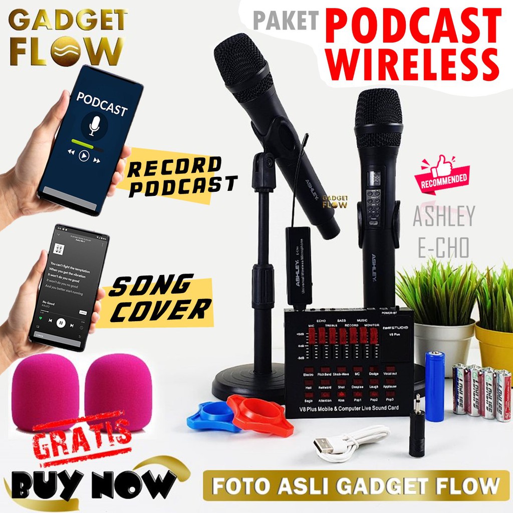 PAKET PODCAST WIRELESS Mic ASHLEY Echo E-Cho Soundcard V8