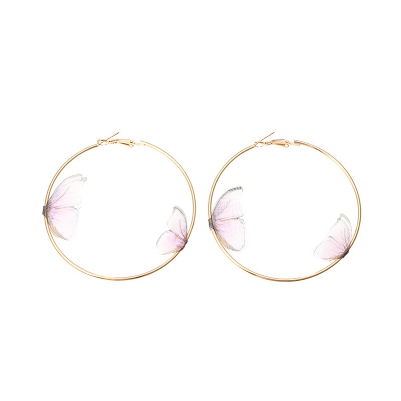 Anting Hoop Lingkaran Besar Desain Double Butterfly Warna Emas Untuk Wanita